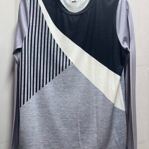 Geometric Color Block Long‎ Sleeve Top Modern Striped Navy White Light BlueTee